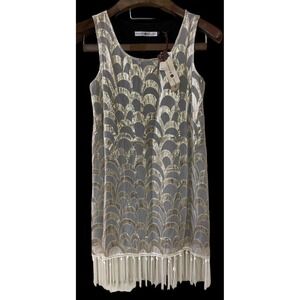 NWT Rancho‎ Estancia Silk White Gold Metallic Sleeveless Fringed Flapper Dress S